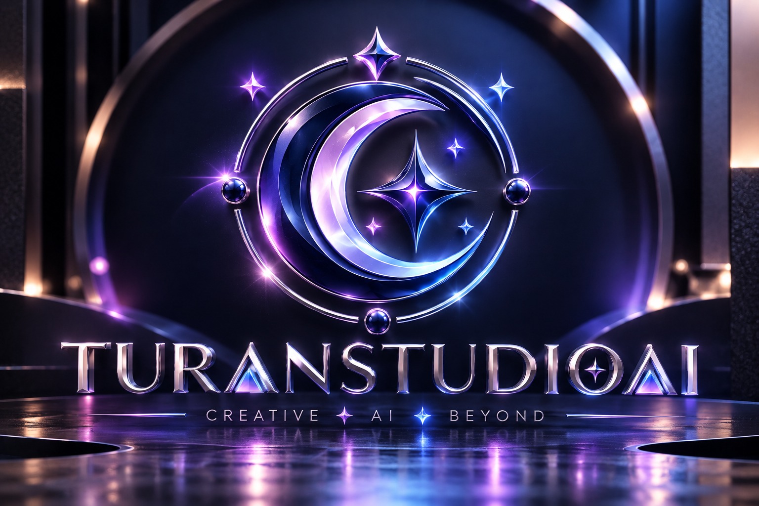 Turan Studio AI; koyu lacivert sahnede mor ve mavi yansımalı ay ve yıldız amblemi, Creative AI Beyond